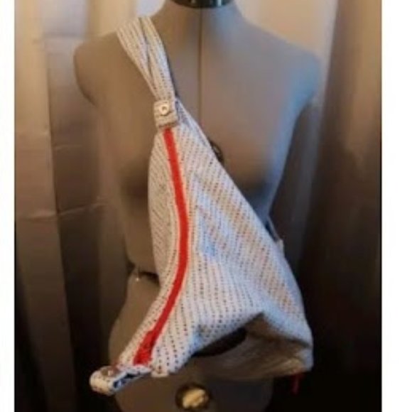 Double Handle Sling Purse Backpack Bag Blue Denim Polla Dot Red Multi Zippers - Picture 5 of 14